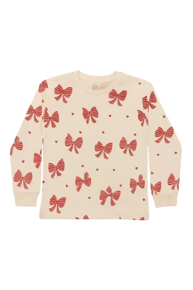 Ekru Renk Kırmızı Fiyonk Baskılı Kız Çocuk Pijama Takımı - Resim 3