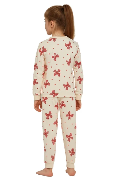 Ekru Renk Kırmızı Fiyonk Baskılı Kız Çocuk Pijama Takımı - Resim 2