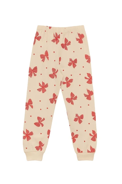 Ekru Renk Kırmızı Fiyonk Baskılı Kız Çocuk Pijama Takımı - Resim 4