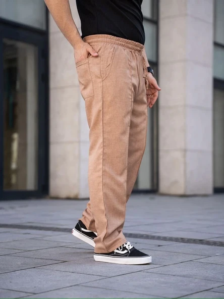 Erkek Keten Cepli Çıma Dikişli jogger Buggy Pantalon Rahat kalıp - Kahverengi - Resim 5
