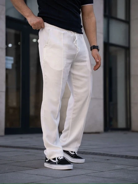 Erkek Keten Cepli Çıma Dikişli jogger Buggy Pantalon Rahat kalıp - Beyaz ürün görseli 1
