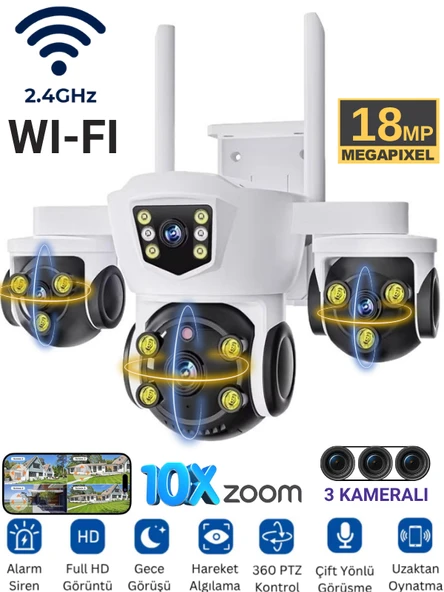 MPI MIZU 18MP WİFİ Güvenlik Kamerası 3 Kameralı Türkçe PTZ Hareketli Gece Görüşlü Akıllı Kamera