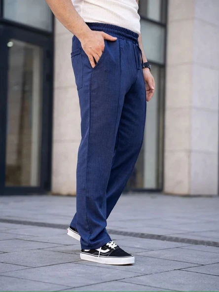 Erkek Keten Cepli Çıma Dikişli jogger Buggy Pantalon Rahat kalıp - Lacivert - Resim 5