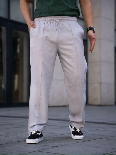Erkek Keten Cepli Çıma Dikişli jogger Buggy Pantalon Rahat kalıp - Gri - Resim 3