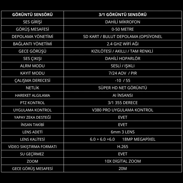 MPI MIZU 18MP WİFİ Güvenlik Kamerası 3 Kameralı Türkçe PTZ Hareketli Gece Görüşlü Akıllı Kamera - 8