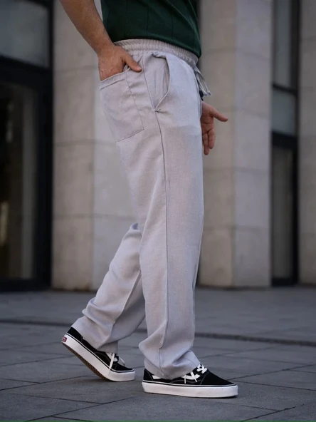 Erkek Keten Cepli Çıma Dikişli jogger Buggy Pantalon Rahat kalıp - Gri - Resim 2