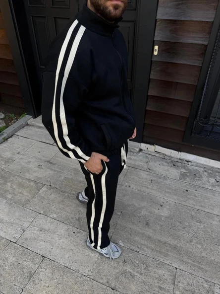 Erkek Çift Şeritli Eşofman Takım Dik Yaka Fermuarlı Sweatshirt Boru Paça Alt, Oversize 3 iplik Pamuklu - Siyah - Resim 3
