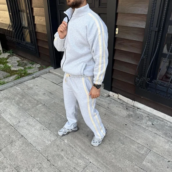 Erkek Çift Şeritli Eşofman Takım Dik Yaka Fermuarlı Sweatshirt Boru Paça Alt, Oversize 3 iplik Pamuklu - Gri - Resim 2