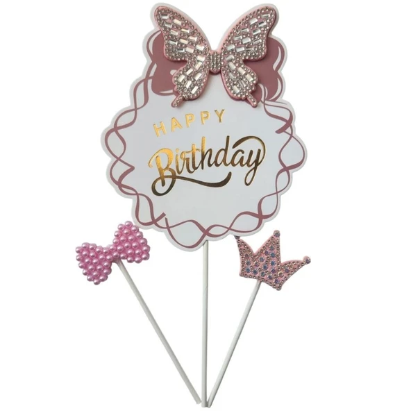 Kelebek Taşlı Happy Birthday Lüx Pasta Süsü - Resim 2