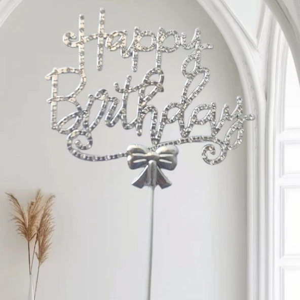 Gümüş Happy Birthday Lüx Taşlı Pasta Süsü ürün görseli