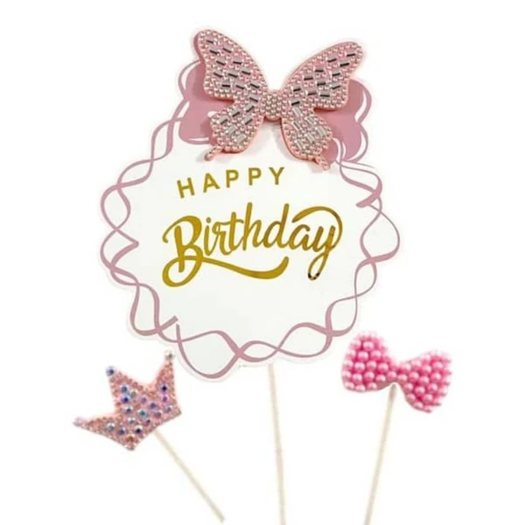 Kelebek Taşlı Happy Birthday Lüx Pasta Süsü ürün görseli