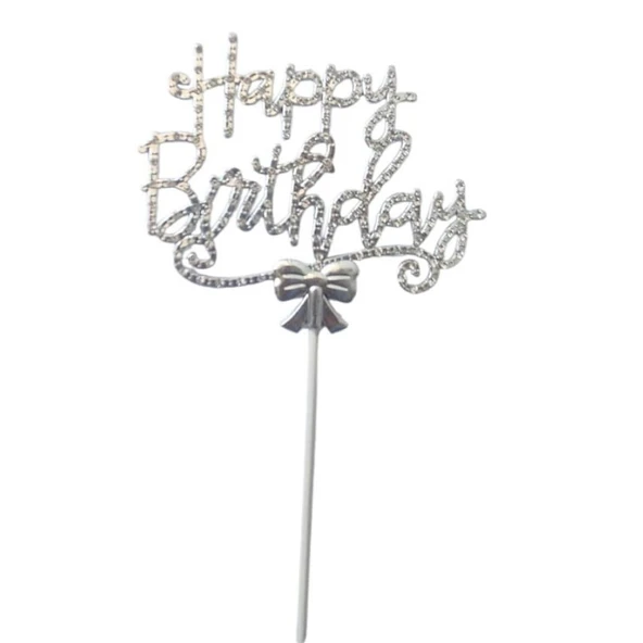 Gümüş Happy Birthday Lüx Taşlı Pasta Süsü - Resim 2