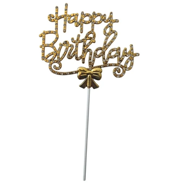 Gold Happy Birthday Lüx Taşlı Pasta Süsü - Resim 2