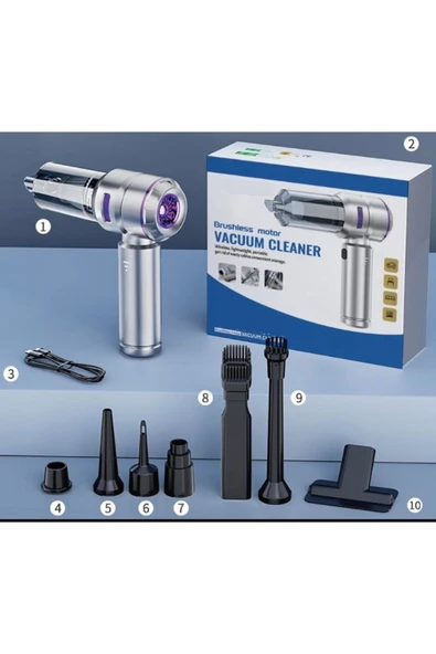 17000 Pa 100 Watt Yüksek Üfleme Ve Çekme Güçü ile Kablosuz Şarjlı Araç Süpürge 6000 Amper Batarya Çanta Hediyeli - 5