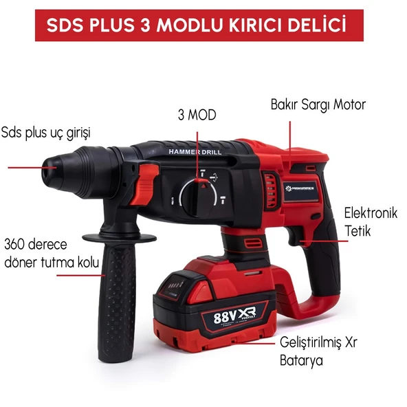 Prohummer PH303 Profesyonel Yeni Kırmızı 4lü Set Makine - 1100Nm Somun Sökme, Kırıcı Delici, 125mm Avuç Taşlama, 13mm Vidalama Matkap - Resim 3