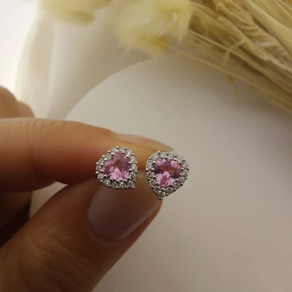 925 Ayar Gümüş Pembe Taşlı Kalp Küpe - Resim 5