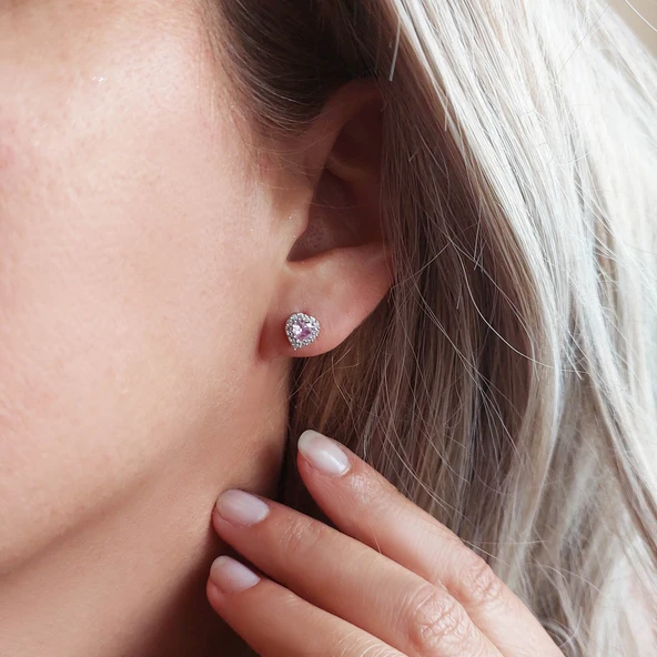 925 Ayar Gümüş Pembe Taşlı Kalp Küpe - Resim 2