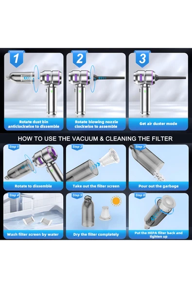 17000 Pa 100 Watt Yüksek Üfleme Ve Çekme Güçü ile Kablosuz Şarjlı Araç Süpürge 6000 Amper Batarya Çanta Hediyeli - 7