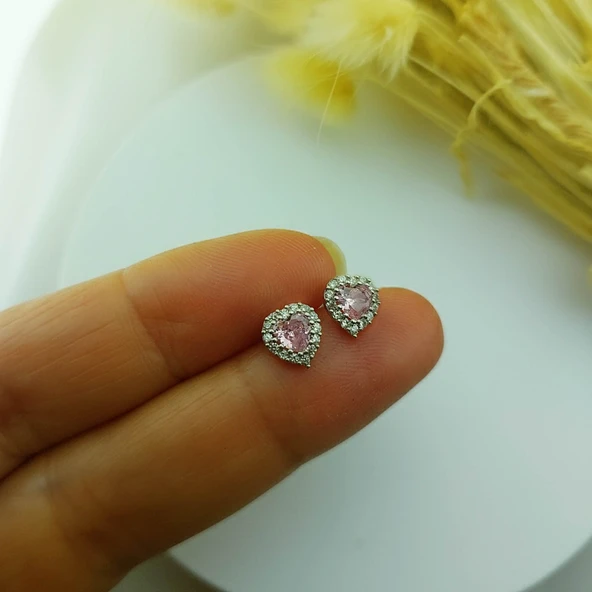 925 Ayar Gümüş Pembe Taşlı Kalp Küpe - Resim 7