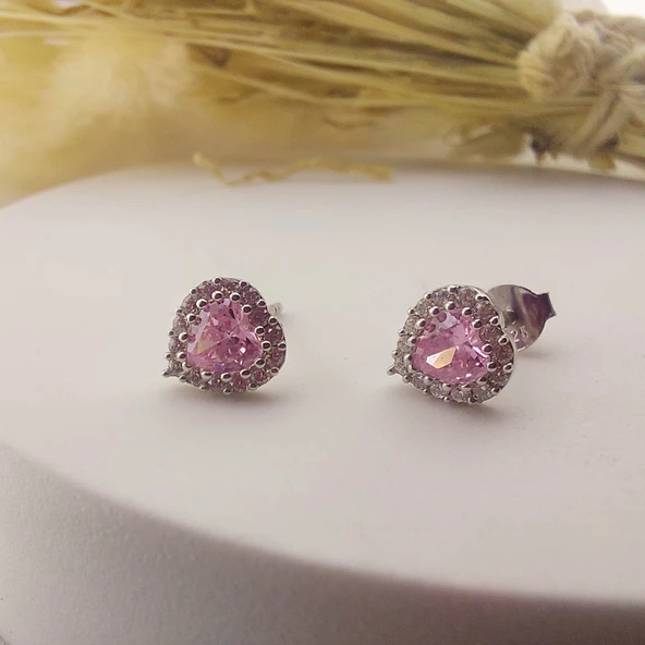 925 Ayar Gümüş Pembe Taşlı Kalp Küpe - Resim 3