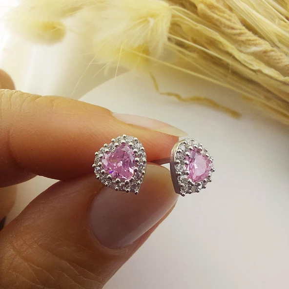 925 Ayar Gümüş Pembe Taşlı Kalp Küpe ürün görseli