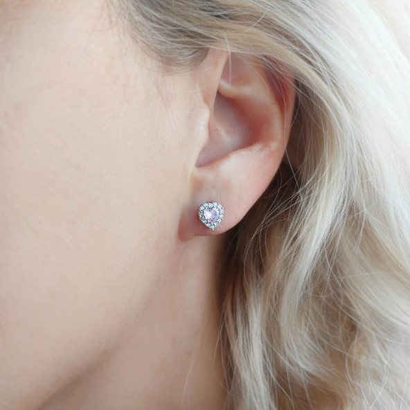 925 Ayar Gümüş Pembe Taşlı Kalp Küpe - Resim 4