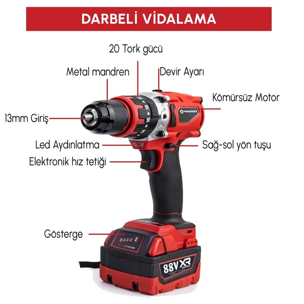 Prohummer PH303 Profesyonel Yeni Kırmızı 4lü Set Makine - 1100Nm Somun Sökme, Kırıcı Delici, 125mm Avuç Taşlama, 13mm Vidalama Matkap - Resim 6