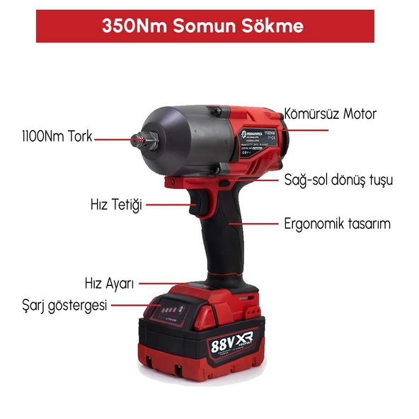 Prohummer PH303 Profesyonel Yeni Kırmızı 4lü Set Makine - 1100Nm Somun Sökme, Kırıcı Delici, 125mm Avuç Taşlama, 13mm Vidalama Matkap - Resim 4
