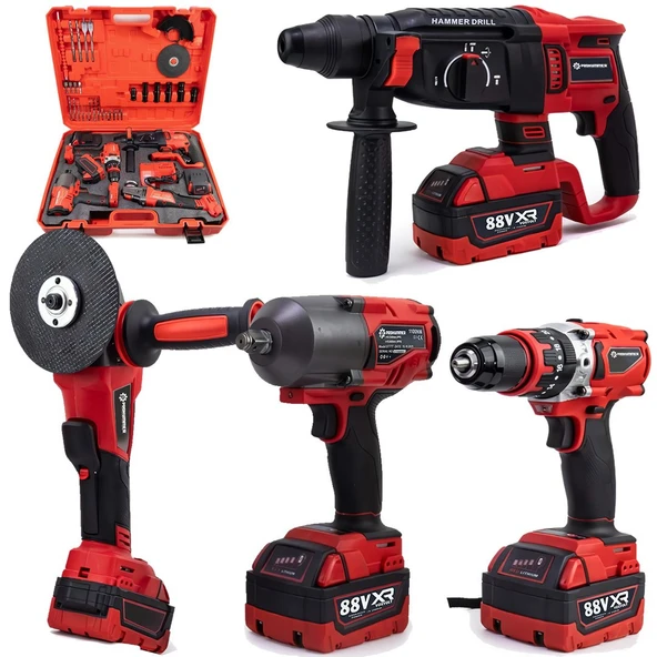 Prohummer PH303 Profesyonel Yeni Kırmızı 4lü Set Makine - 1100Nm Somun Sökme, Kırıcı Delici, 125mm Avuç Taşlama, 13mm Vidalama Matkap ürün görseli 1