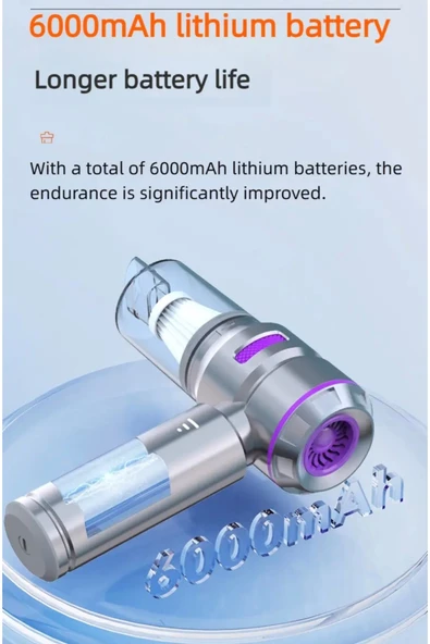 17000 Pa 100 Watt Yüksek Üfleme Ve Çekme Güçü ile Kablosuz Şarjlı Araç Süpürge 6000 Amper Batarya Çanta Hediyeli - 6