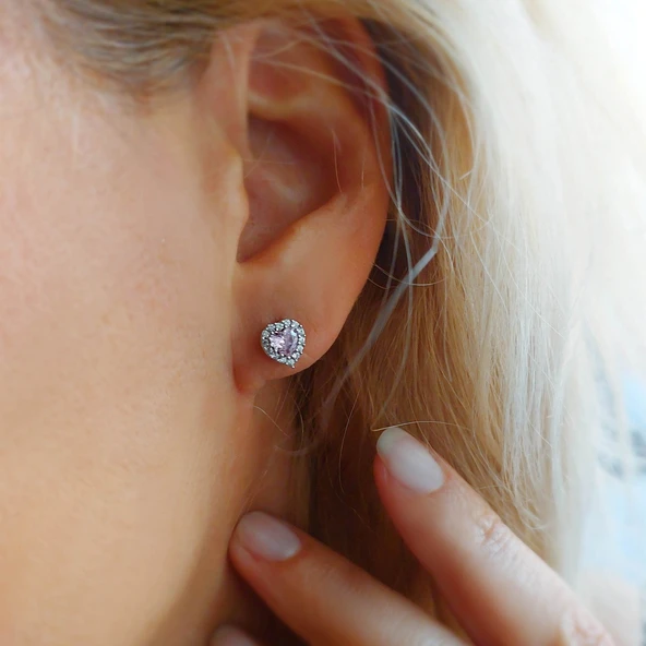 925 Ayar Gümüş Pembe Taşlı Kalp Küpe - Resim 6