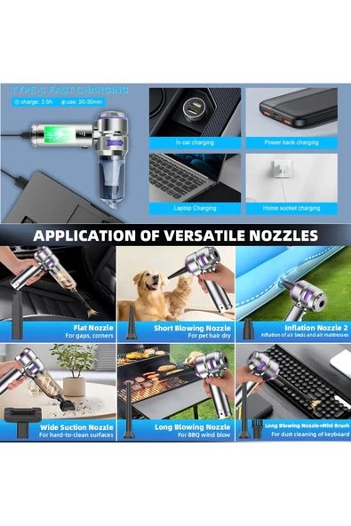 17000 Pa 100 Watt Yüksek Üfleme Ve Çekme Güçü ile Kablosuz Şarjlı Araç Süpürge 6000 Amper Batarya Çanta Hediyeli - 2