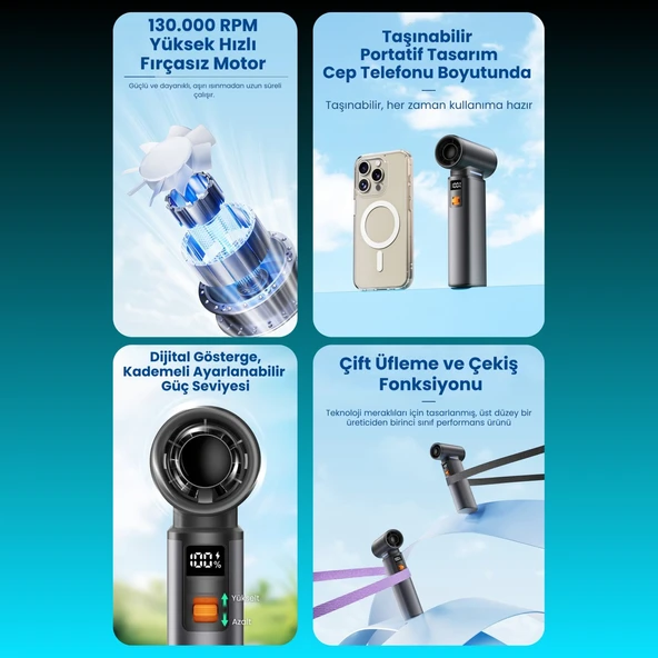 F1 Violent Turbo Jet Fan 130000RPM Ultra Güçlü Motor Güçlü Vakum 4000MAH Bataryalı Üflemeli - Resim 5