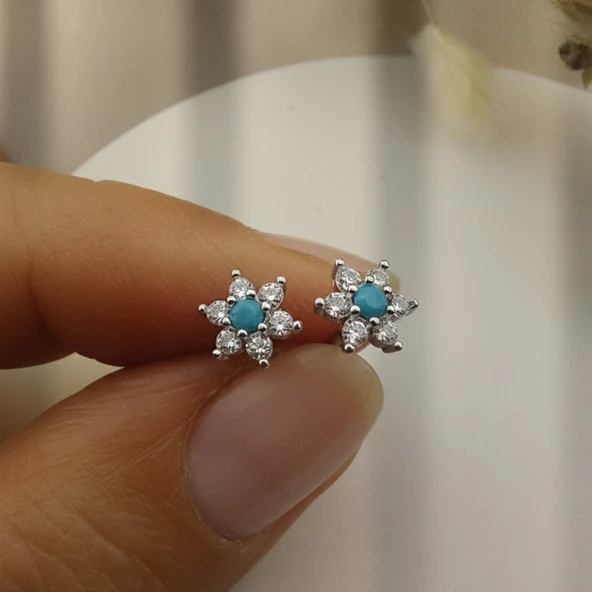 925 Ayar Gümüş Turkuaz Taşlı Minimal Lotus Küpe - Resim 2
