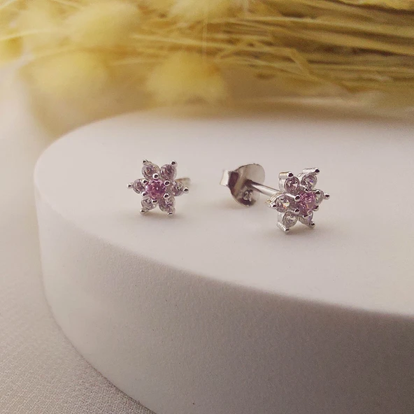 925 Ayar Gümüş Pembe Taşlı Minimal Lotus Küpe - Resim 3