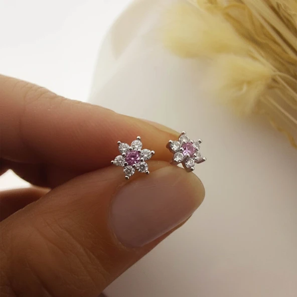 925 Ayar Gümüş Pembe Taşlı Minimal Lotus Küpe - Resim 2