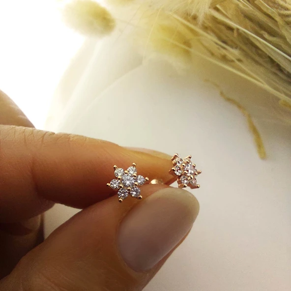 925 Ayar Gümüş Beyaz Taşlı Minimal Lotus Küpe ürün görseli 1