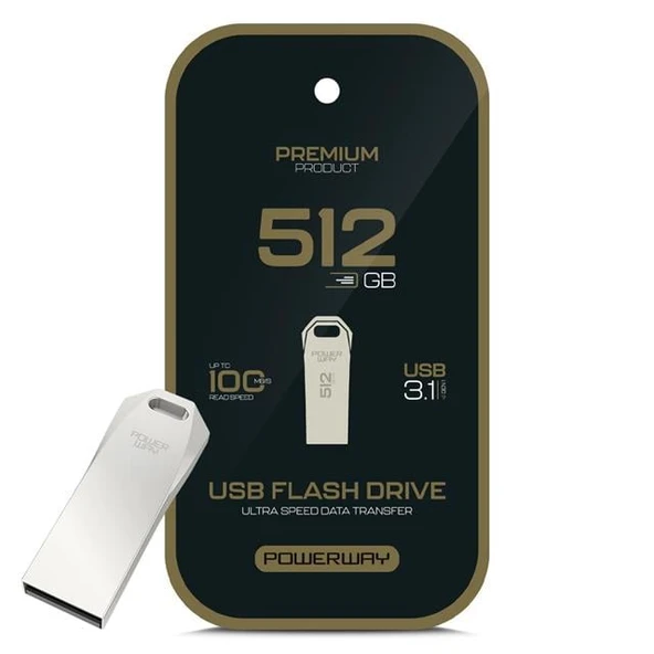 Powerway Premium 512 GB 100MB/S Ultra Hızlı USB 3.1 Metal Silver Flash Bellek ürün görseli 1