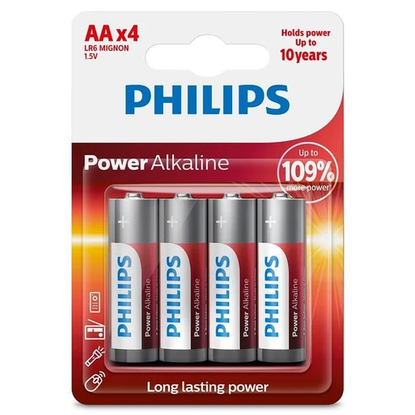 Philips Power Alkaline AA LR6 1.5V Kalem Pil 4'lü Paket (LR6P4B/10) ürün görseli 1