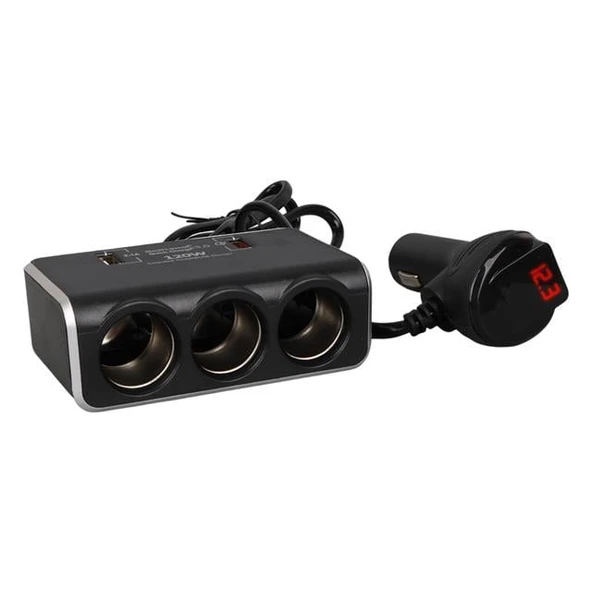Olesson 1639 12-24V Çift USB Girişli Hızlı Şarj Destekli 120W 80cm Kablolu Dijital Voltaj Ekranlı 3'lü Araç Çakmak Çoklayıcı - Resim 2