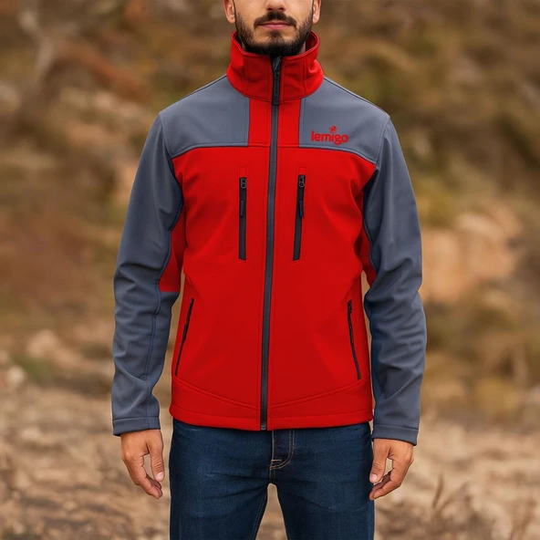 Su ve Rüzgar Geçirmez Softshell Mont - Lemigo - Kırmızı-Gri ürün görseli