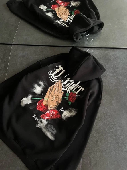 Üç İplik Penye Uzun Kol Kapşonlu Baskılı SweatShirt - Siyah ürün görseli