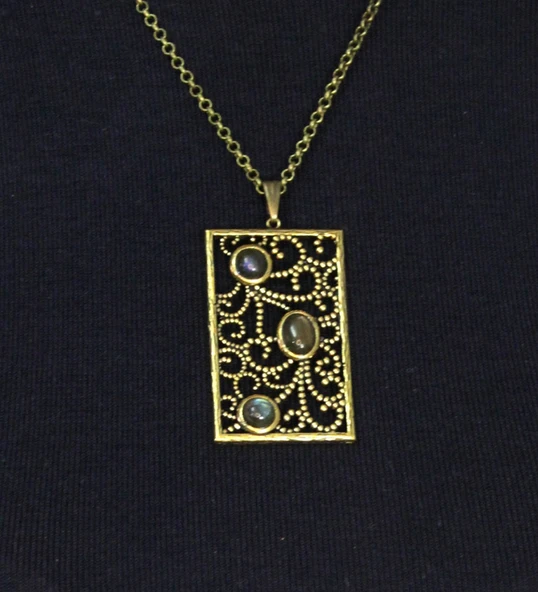 Doğal Taş Labradorit 3'lü Doğal Taşlı Antik Kadın Kolye euk45lbt - Resim 2