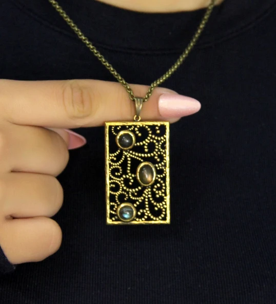 Doğal Taş Labradorit 3'lü Doğal Taşlı Antik Kadın Kolye euk45lbt ürün görseli