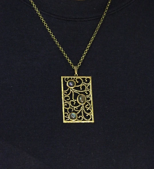 Doğal Taş Labradorit 3'lü Doğal Taşlı Antik Kadın Kolye euk45lbt - Resim 3