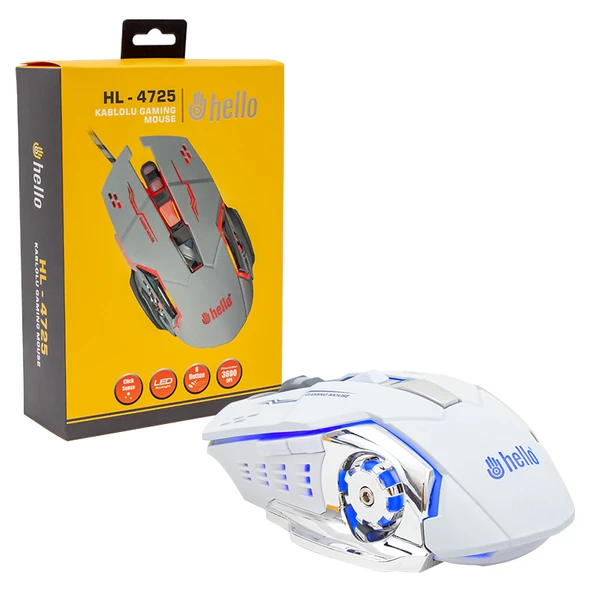HELLO HL-4725 KABLOLU 3600 DPI 6 TUŞ FONKSİYONLU BEYAZ GAMING MOUSE ürün görseli