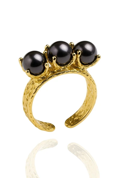 Vintage Tarzı Altın Kaplama Siyah Üç İnci Taşlı Otantik Ayarlanabilir Kadın Yüzüğü ürün görseli