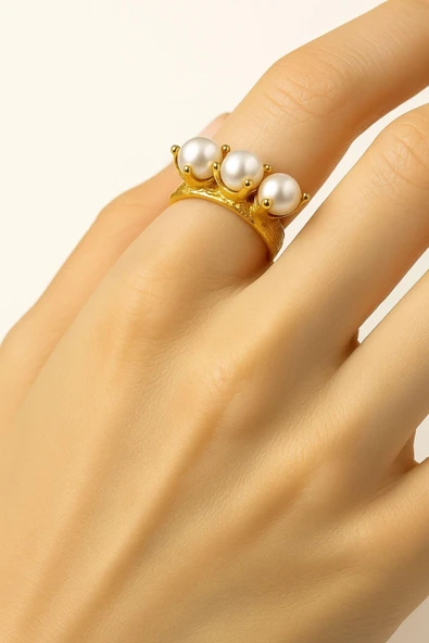 Vintage Tarzı Altın Kaplama Beyaz Üç İnci Taşlı Otantik Ayarlanabilir Kadın Yüzüğü - 3