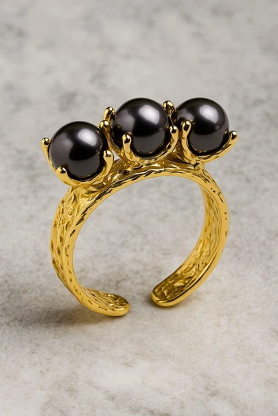 Vintage Tarzı Altın Kaplama Siyah Üç İnci Taşlı Otantik Ayarlanabilir Kadın Yüzüğü - Resim 3