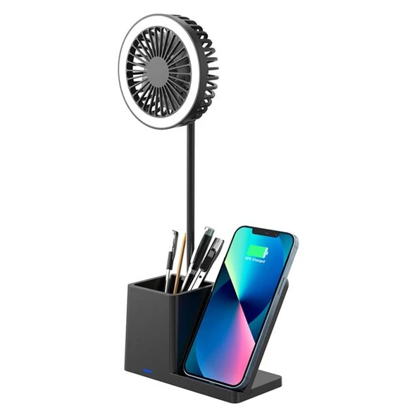 S-link SL-M9055 10 Watt Kablosuz Şarj İstasyonlu Fanlı Kalemlikli Masa Lambası (Siyah) - Resim 1